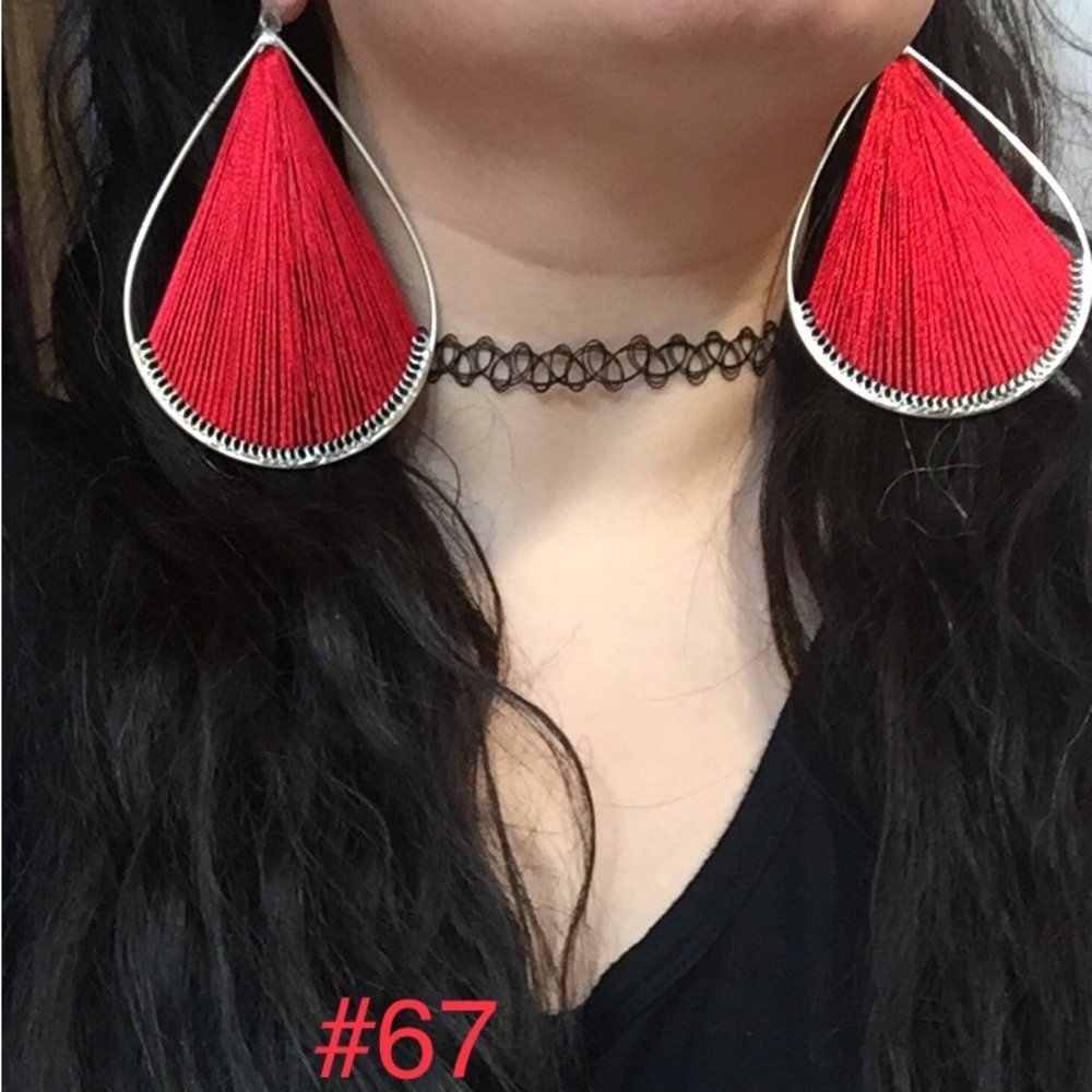 Ethnic dangle hand woven big classy threaded pear shape Vibrant Red color earrin